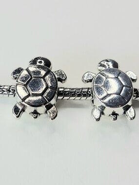 New For Pandora Charm Bracelets TWO Shiny Silver Chrome Looking Turtle Charms